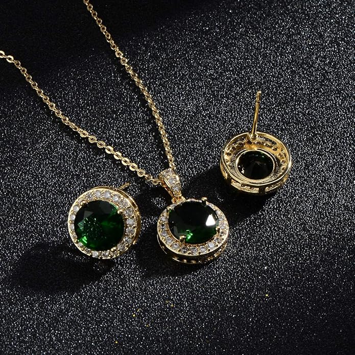 Bridal Crystal Jewelry Set - Sterling Silver Round Cubic Zirconia CZ Rhinestone Halo Birthstone Pendant Necklace Stud Earrings Set for Wedding Bride Bridesmaids Birthday Gift