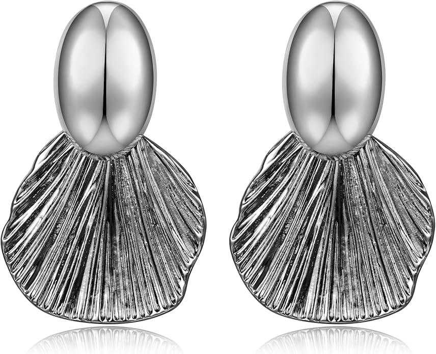 Gold Plated Earrings Dangle Chunky Fan-shaped Earrings Shell Earring for Women Two-Tone Fashion Statement Jewelry