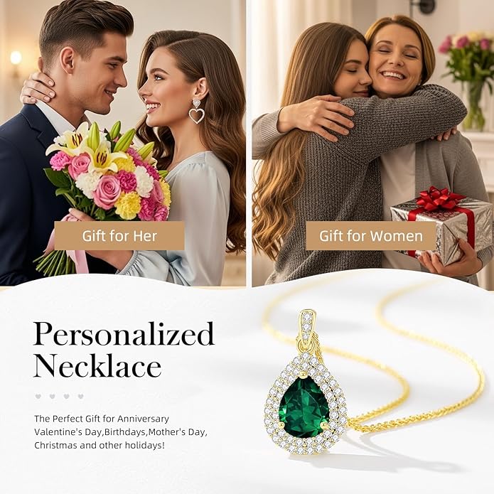 Valentine's Day Gift for Wife/Her-18K Gold Plated Teardrop Birthstone Necklace- with Light-Up Gift Box,Jewelry for Women,Anniversary Birthday Gifts for Women Her Wife Girlfriend Mom,Womens Jewelry