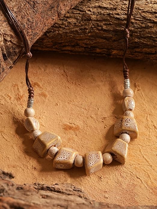 MINACHI Bohemian Hippie Colorful Ceramic Geometric Bead Strand Necklace, Vintage Boho Statement Jewelry Gift for Women