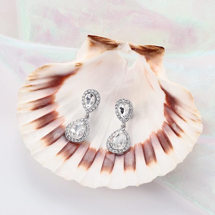 THUNARAZ 4 Pairs Silver Clip on Earrings for Women, Sparkly Rhinestone Tassel Chandelier Teardrop Dangle Earrings for Brides Bridesmaids Non Pierced Prom Jewelry Set
