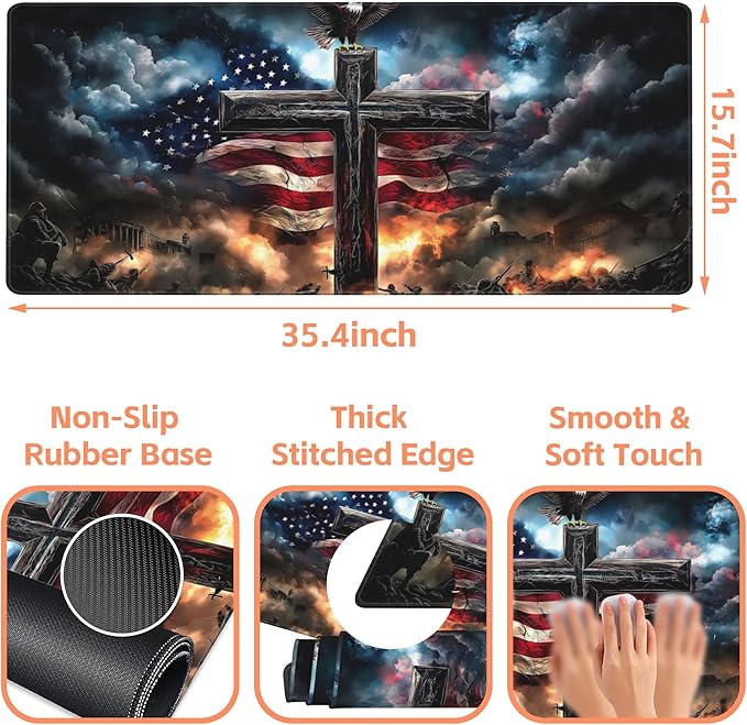 Mouse Pad Large A Cross with an Eagle Non-Slip Game Desk Mat with Stitched Edge Laptop Keyboard Desk Pad for Work Home Gaming (35.4 x 15.7 Inches)