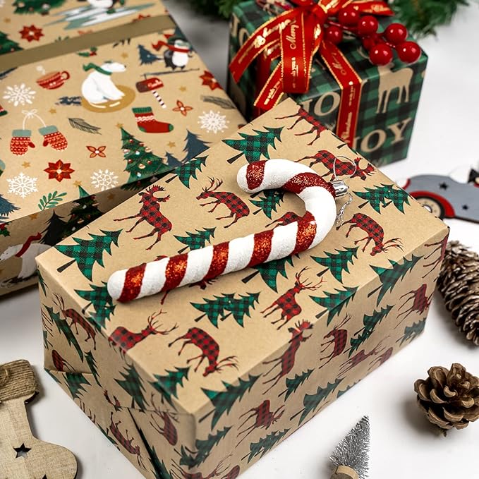 RUSPEPA Christmas Wrapping Paper Rolls with Tags and Jute String - 17 inches x 10 feet per Roll, Total of 3 Rolls