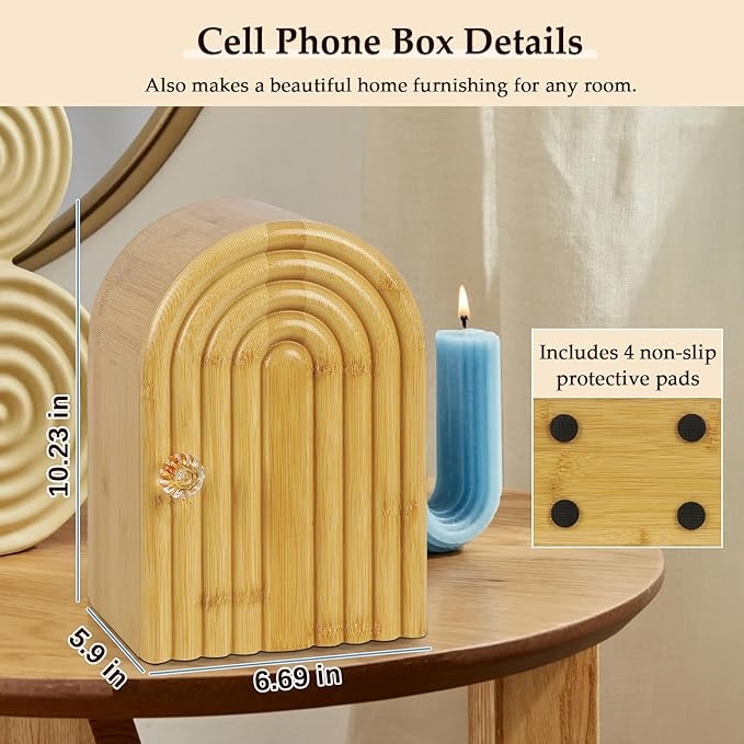 Phone Box for Family Time, Bamboo Cell Phone Jail, 3 Sections Hold 6 Phones, with Charging Holes, Phone Holder Self-Discipline Box, Help Kids Adults Focus Back, Mobile Phone Addiction (Wood)