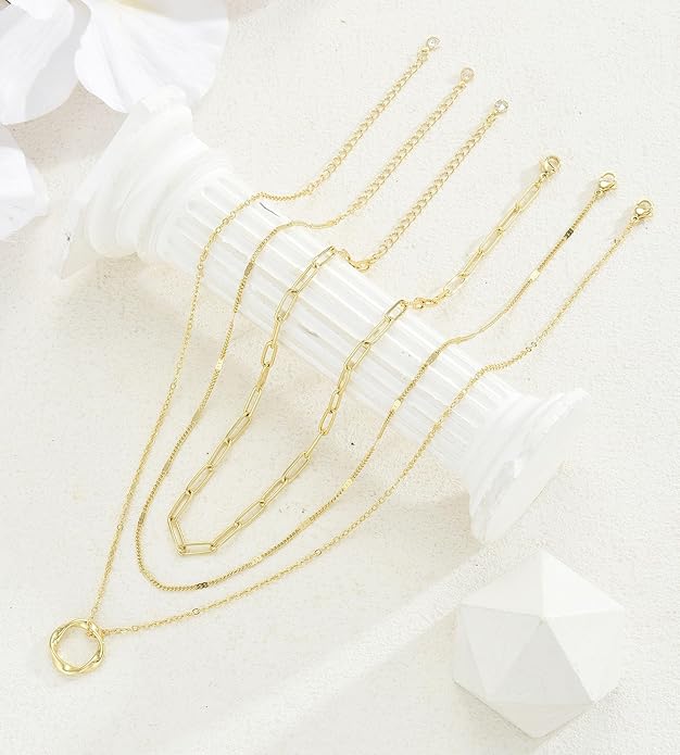 YEEZII Layered Gold Necklaces for Women Trendy, 3 Pcs 14K Gold Plated Choker Paperclip Box Chain Necklace, Stackable Women's Gold Pendant Necklaces Jewelry Set