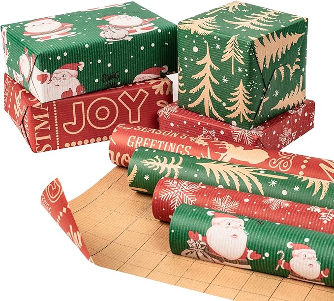 RUSPEPA Kraft Wrapping Paper Rolls - 17 inches x 10 feet per Roll, Total of 4 Rolls, Santa Claus, Snowflake and Christmas Tree Design