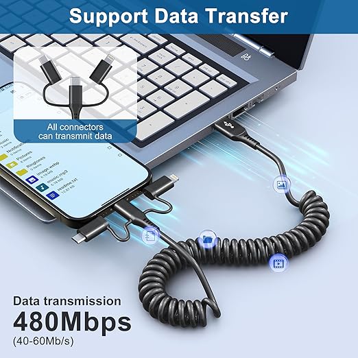 USB to USB-C Lightning Micro-USB Cable Combo 3 in 1 Coiled Cable Support Carplay & Android Auto [MFi & 3A Fast Charge & Data Sync] Coiled Lightning/USB C/Micro-USB Cable for iPhone 17 16 15 14 Android