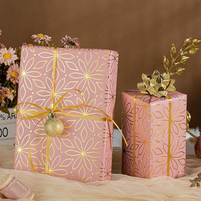 Garbendy Pink Wrapping Paper Roll - 17 Inch X 32.8 Feet - Pink Metallic Gold Foil Flower Gift Wrapping Paper for Christmas, Birthday, Baby Shower, Bridal Shower, Party