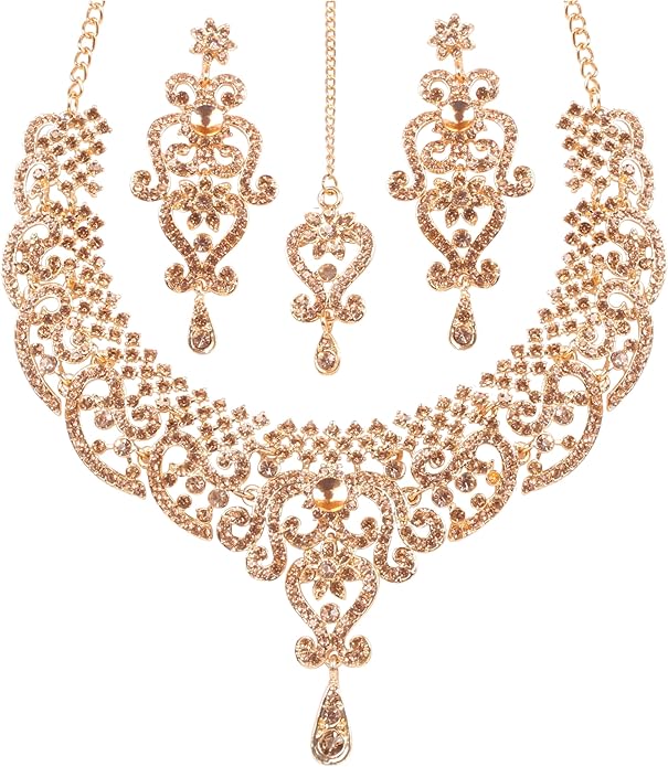 Touchstone Indian jewelry set for women bollywood gold jewellery wedding outfits necklace sets earrings bridal maang tikka fancy costume girls big desi accessories rhinestone in gold or silver tone