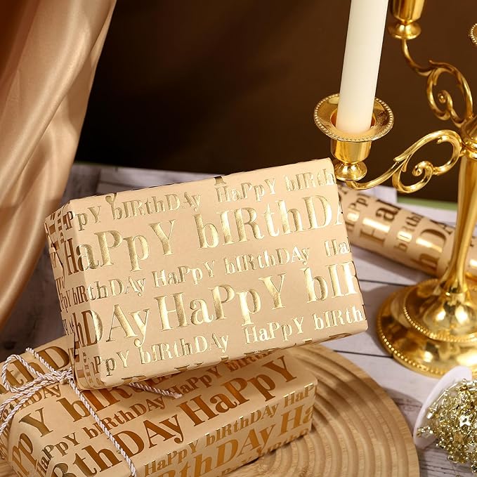 WRAPAHOLIC 3D Kraft Birthday Wrapping Paper Roll - Mini Roll - 17 Inch x 16.5 Feet - Gold and Brown Happy Birthday Lettering Design with Embossed Perfect for Holiday, Party Celebration