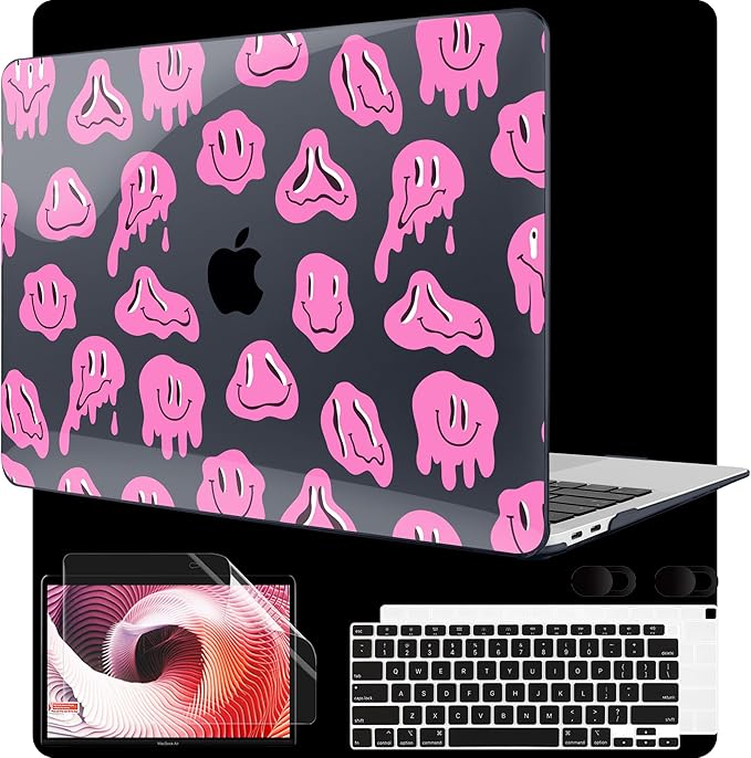 MEEgoodo for MacBook Air 13 inch Case 2021 2020 2019 2018 Released A2337 M1 A2179 A1932 with Touch ID, Plastic Hard Shell & Keyboard Cover Compatible with MacBook Air Case 13.3, Pink Groovy Emoji
