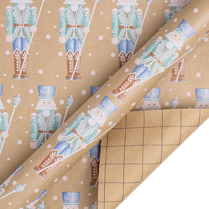 RUSPEPA Christmas Kraft Wrapping Paper - Nutcracker Soldier, Snowflake, Stripe and Text Design - 4 Rolls - 30 inches x 10 feet per Roll