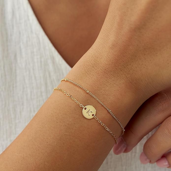 MONOZO Gold Bracelets for Women Girls Valentines Day Gifts, Dainty 18K Gold Plated Disc Monogram Letter A-Z Initial Bracelets for Women Trendy Personalized Letter Bracelet Valentines Day Gifts for Her