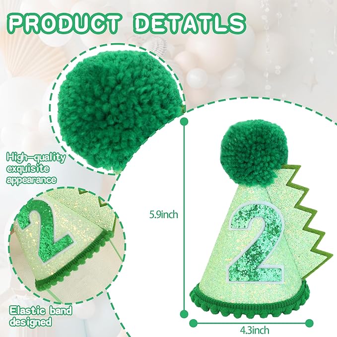 Green Glitter Dinosaur Birthday Cone Hat for 1-5 Years Old Kids Boys Dino Dinousour Birthday Hat Party Decoration