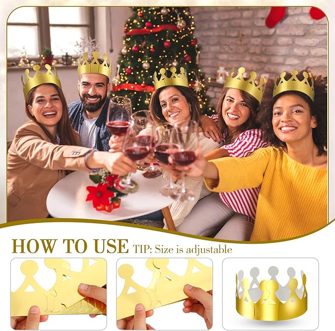 Crtiin 100 Pcs Gold Paper Crowns Birthday Party Bulk for Adults Classroom Students Hat Supplies Favors (Cute Style)
