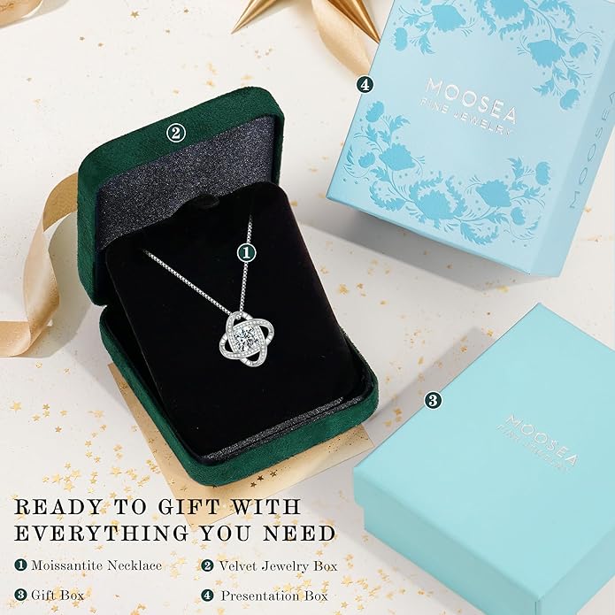 MOOSEA Valentines Day Gifts for Her, 1-3 ct Love Knot Moissanite Necklace VVS1 Clarity Moissanite Pendant Necklace Anniversary Jewelry Gifts Birthday Gifts for Her Wife Girlfriend Mom