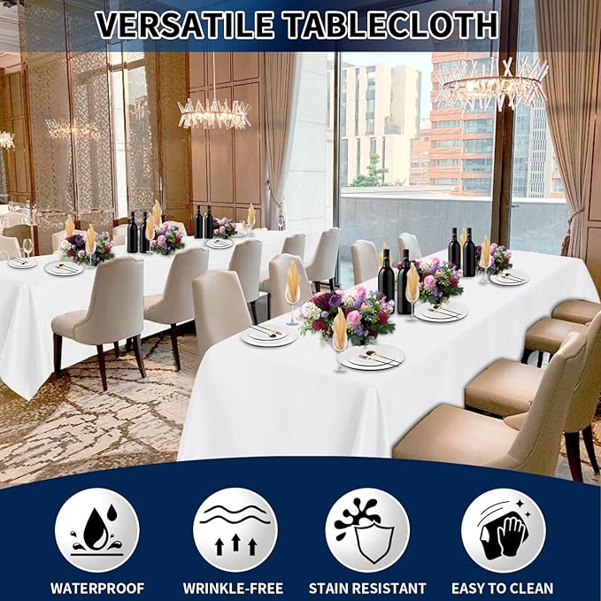PureFit 8 Pack Rectangle White Table Cloths 60 x 102 Inch for 6Ft Tables, Stain and Wrinkle Resistant Table Linens for Home Use, Wedding, Party, Banquet and Camping