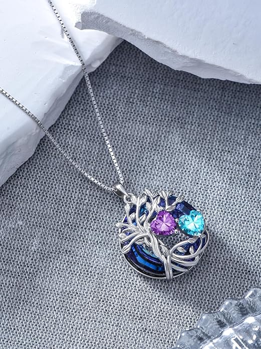 TOUPOP s925 Sterling Silver Family Celtic Tree of Life Pendant Necklaces with 2 Heart Birthstone with Blue Austrian Crystal Jewelry Birthday Valentines Day Gifts for Her, Anniversary Christmas Gifts for Wife Girlfriend Mom (18K Real White Gold Filled)
