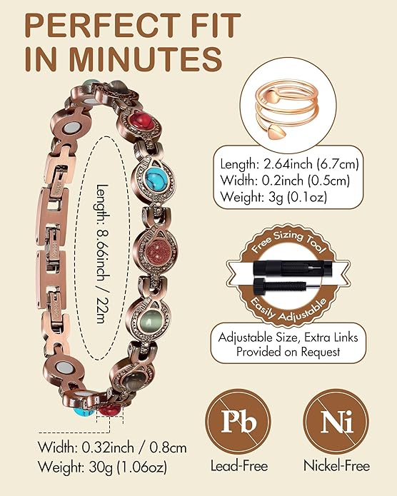 Feraco Pure Copper Bracelets & Rings for Women, Ultra Strength Magnetic Bracelet with 3800 Gauss Magnets & Natural Turquoise & Stones, Adjustable, Jewelry Gift