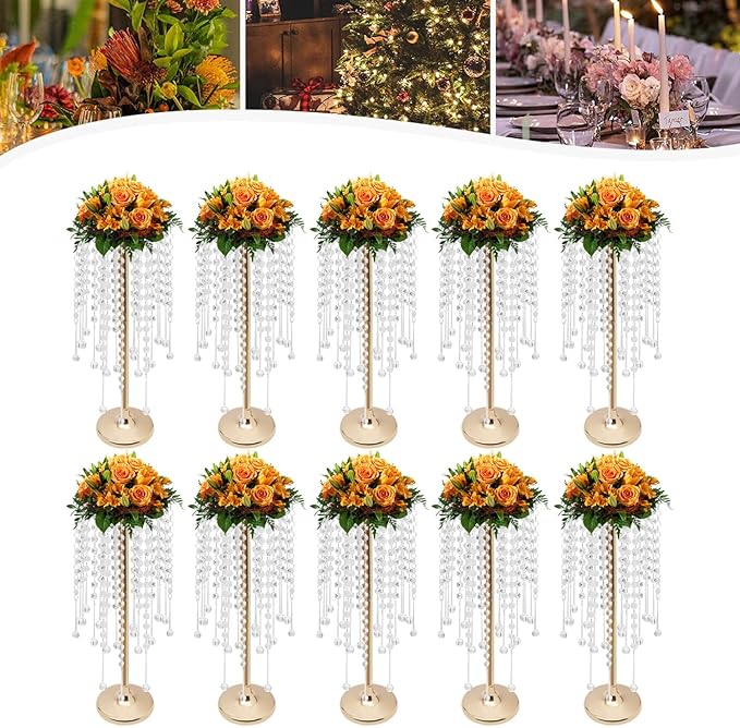 Wedding Centerpieces Gold Vases,10PCS Metal Flower Candle Holder with Sparkling Crystal Beads,Crystal Flower Vase Metal Flowers Stand for Party Tables Decorations (10pcs Gold-2)