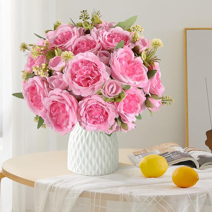 12 Packs Artificial Peonies Silk Flowers: Faux Peony Bouquet 12 Bundles, Fake Peonies Flowers Bulk for Centerpiece Table Wedding Party Home Decor for Vase Decoration (Pink)