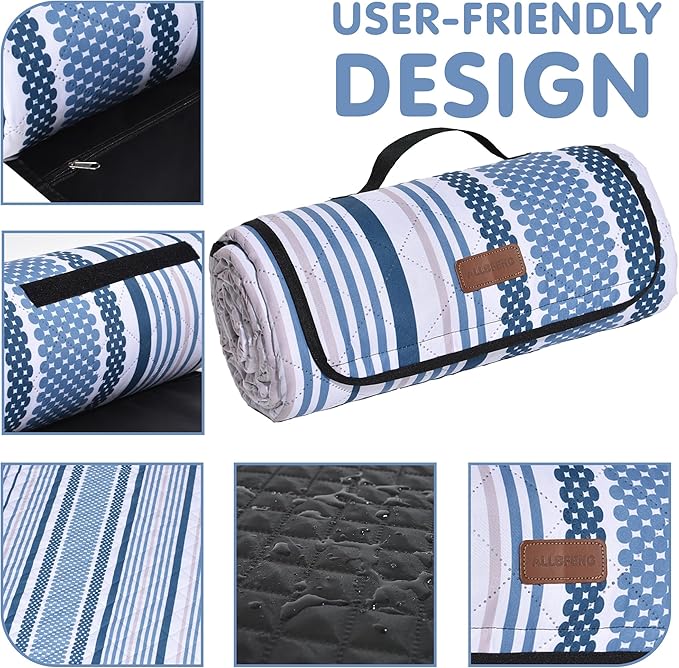 Oversized Waterproof Picnic Mat, Dustproof Washable Outdoor Beach Mat. Suitable for Camping, Outdoor, Beach, Party and Concert (Dark Blue & Light Blue, 80" x 60")