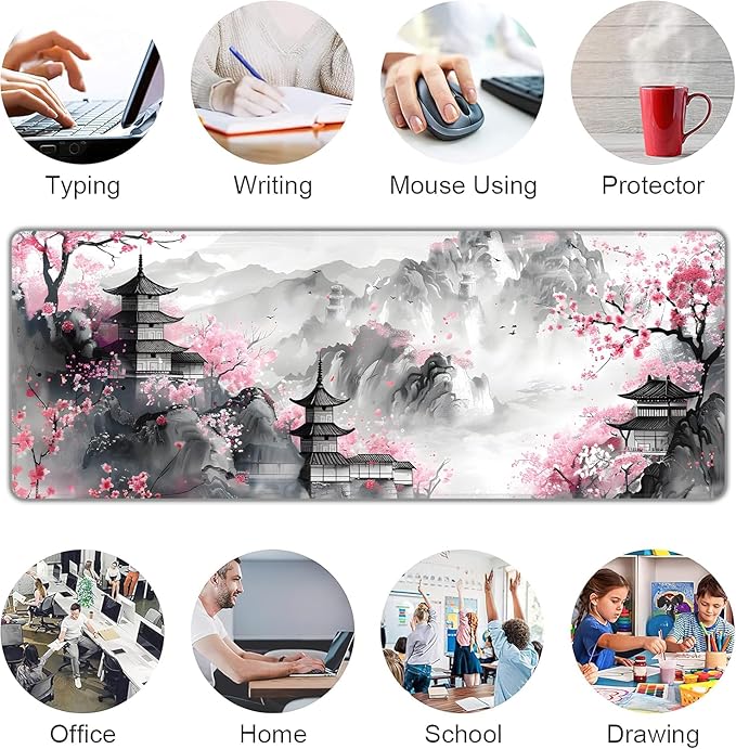Japanese Cherry Blossom Large Mouse Pad,Gaming Keyboard Desk Pad,Extended Mouse Mat Non-Slip Rubber Base with Stitched Edges for Office Game Home XL 31.5"x11.8"