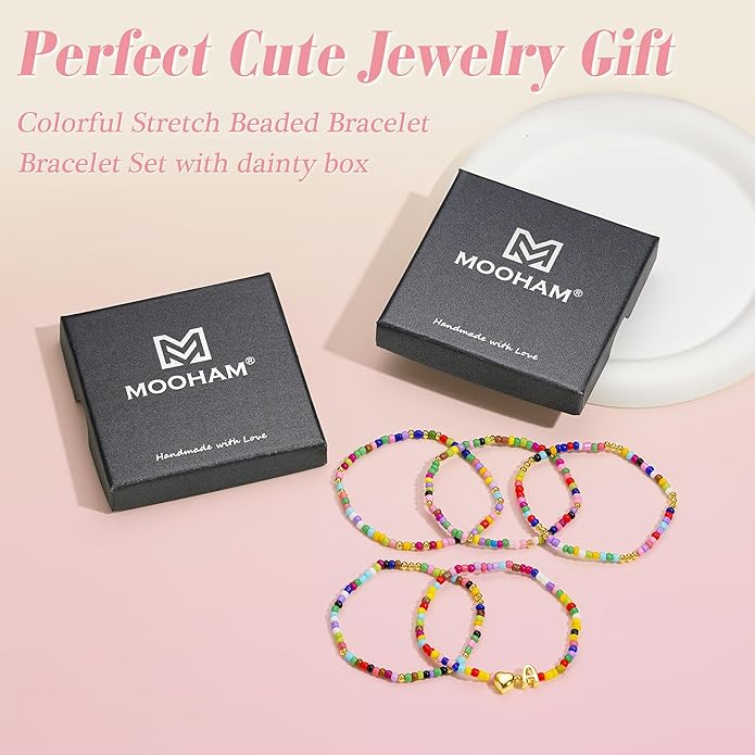 M MOOHAM Valentines Gifts for Kids - 5PCS Colorful Beaded Initial Bracelets for Girls Women Cute Stretch Heart Letter Bracelet Initial Stackable Bracelet Birthday Gift Jewelry for Kids Teen Girl