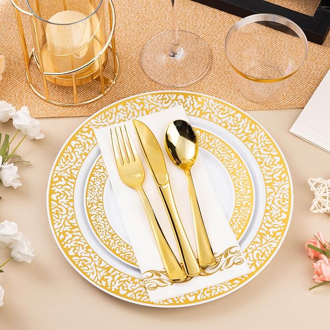 350PCS Gold Plastic Dinnerware Set for 50 Guests, Disposable Plates for Party, Wedding and Dinner, Include 50 Dinner Plates, 50 Dessert Plates, 50 Set Silverware, 50 Cups, 50 Napkins