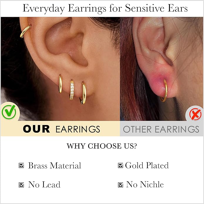 Small Gold Huggie Hoop Earrings Set for Women Men Hypoallergenic 14K Plated Stack Cartilage Earrings, Multiple Piercing Lightweight Mini Thin Cute Dainty Trendy Jewelry Set Christmas Gifts for Women