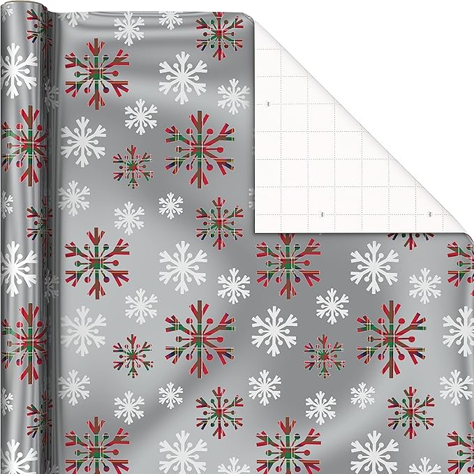 Hallmark Foil Christmas Wrapping Paper with Cut Lines on Reverse (3 Rolls: 60 sq. ft. ttl) Plaid Snowflakes, Snowmen, Red, Green and Blue Plaid