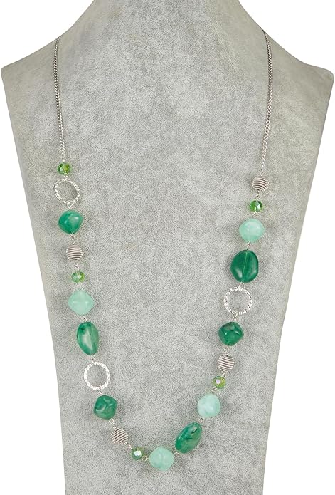 BULINLIN Beaded Long Necklace for Women Silver Sweater Chain Necklace with Crystal Resin Beads, Fashion Jewelry Necklace