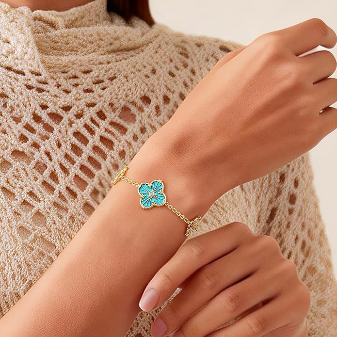 FETERO Gold Bracelets for Women Trendy, Dainty 14K Gold Plated Charm Clover Bracelet 2 Sided Lucky Pendant Cute Pearl Beaded Bracelets Link Chain Waterproof Womens Jewelry Gifts