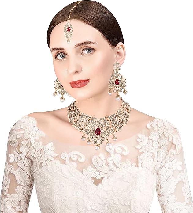 Touchstone Indian jewelry sets for women tikka wedding necklace costume guest statement bollywood rhinestones crystal faux pearls gold big royal neck piece set bridal fashion accessories