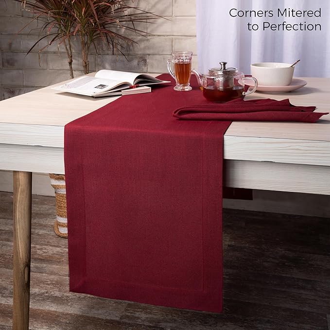 D'Moksha Homes Red Table Runner 14 x 48 Inch - Faux Linen Coffee Table Runner - Wrinkle Resistant, Machine Washable Ideal for Dresser, Fall, Thanksgiving, Christmas, Holiday - 100% Recycled Fabric