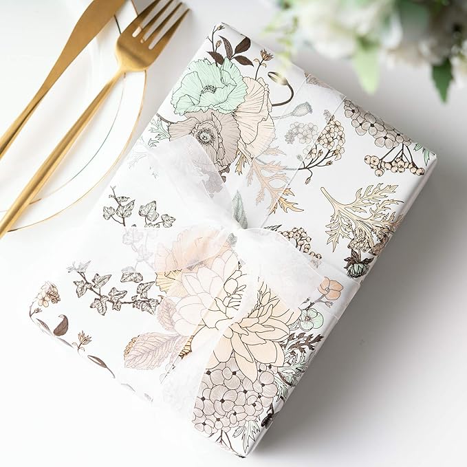 WRAPAHOLIC Floral Wrapping Paper - Mini Roll - 17 Inch X 33 Feet - Pearlized Vintage Floral Wedding Wrapping Paper for Birthday, Bridal Shower, Baby Shower