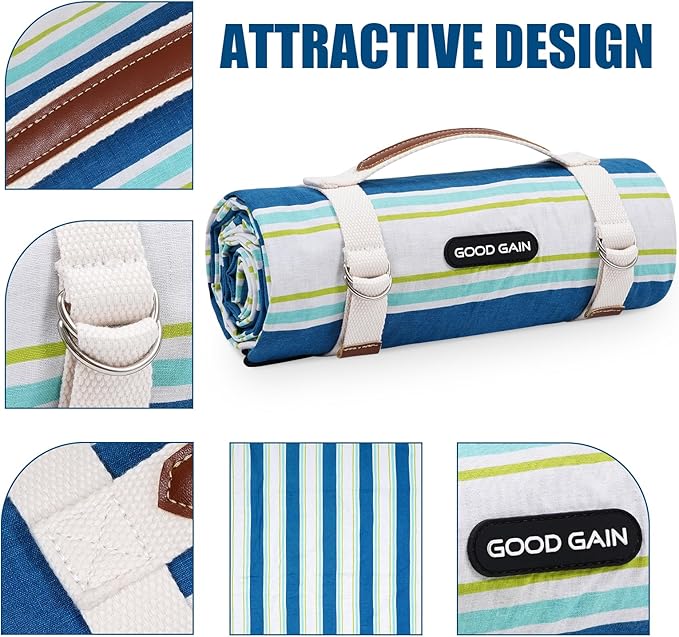 G GOOD GAIN Waterproof Picnic Blanket Portable with Carry Strap for Beach Mat or Family Outdoor Camping Party（Cobalt）
