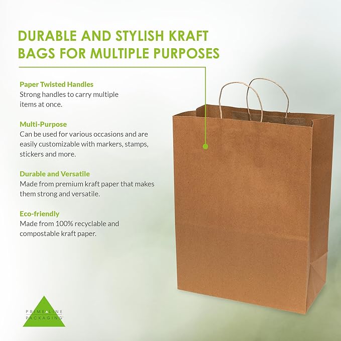 Prime Line Packaging Brown Paper Bags, Kraft Paper Bags with Handles for Shopping, Merchandise, Retail, Small Business, Bulk, 13x7x17, 50 Pack