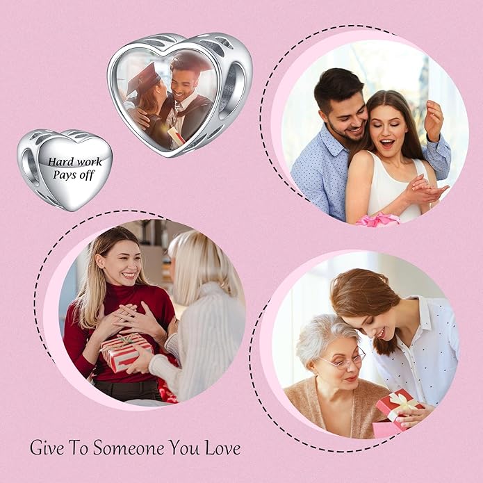 Annmors Personalized Photo Charms For Bracelets/Necklace 925 Sterling Silver Love Heart Shaped Engraved Customize Picture Gift for Birthday Mother's Day,Bead Charms Jewelry for Women