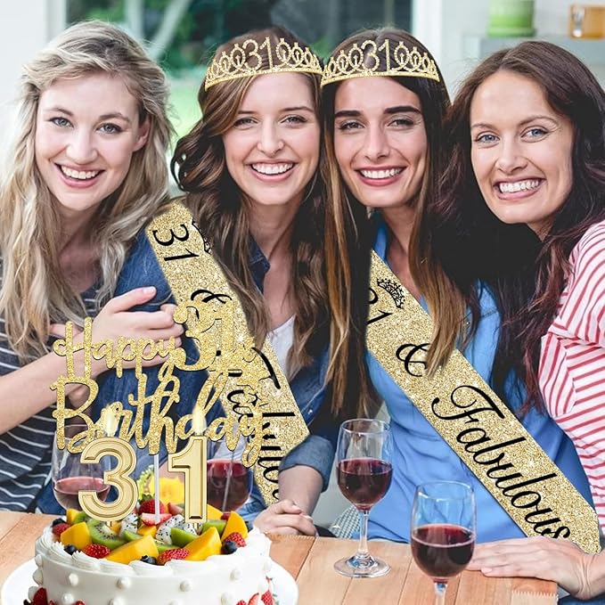 31st Birthday Decorations for Women Gold with 31st Birthday Tiara and Sash, Cake Topper and Number Candles, Number Balloons, 31 Year Old Gifts for Women