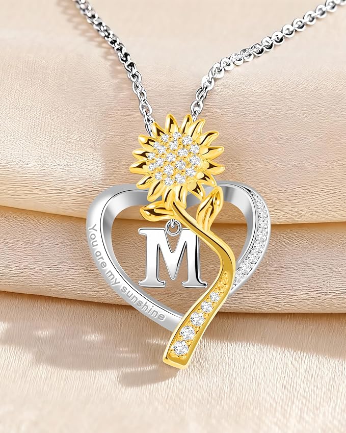 Birthday Gifts for Women Preserved Real Rose with Sunflower Initial Necklace - Birthday Gifts for Women Her Mom Wife on Valentines Mothers Day Christmas Anniversary Romantic with Pendant M