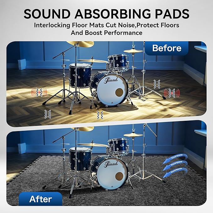 20 Pcs Sound Absorbing Interlocking Floor Mats Pads, 11" x 11" x 0.4"sound absorbing rug, Non-Slip Anti Vibration Sound Proof Puzzle Felt Padding, High Density Piano Carpet Drum Rug for Music Studio