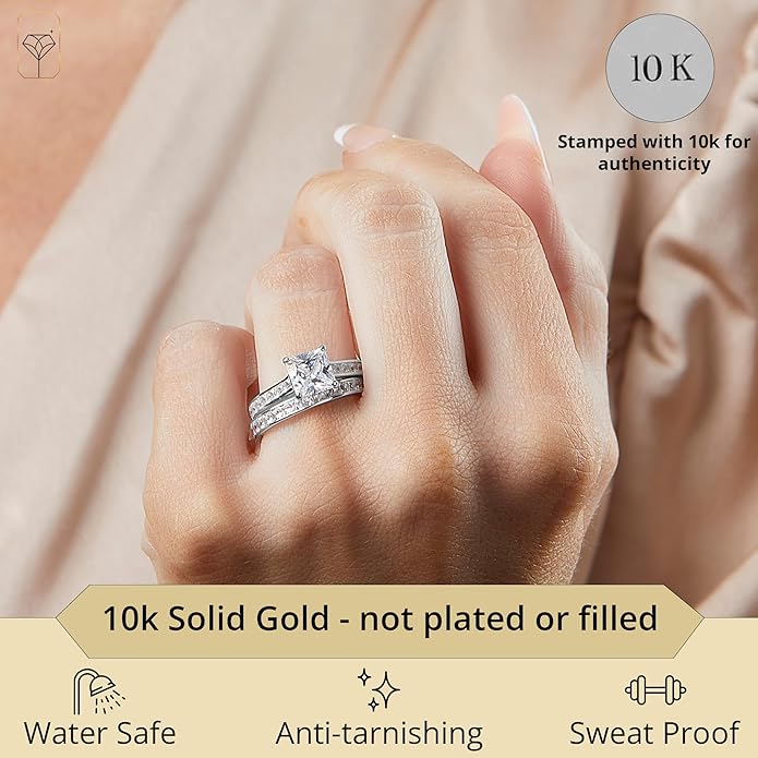 MAX + STONE 10K Gold 3.0 Carat Princess Cut Cubic Zirconia Engagement Ring with Wedding Band Set | CZ Wedding Rings for Women in Size 4.5 to 9 with Gift Box