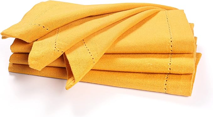 Palisa Cloth Dinner Napkins with Hemstitched Detailing & Mitered Corners Set of 4 (18x18 Inches) Mustard - Cotton Reusable Dinner Napkins - Perfect for Weddings & Everyday Use