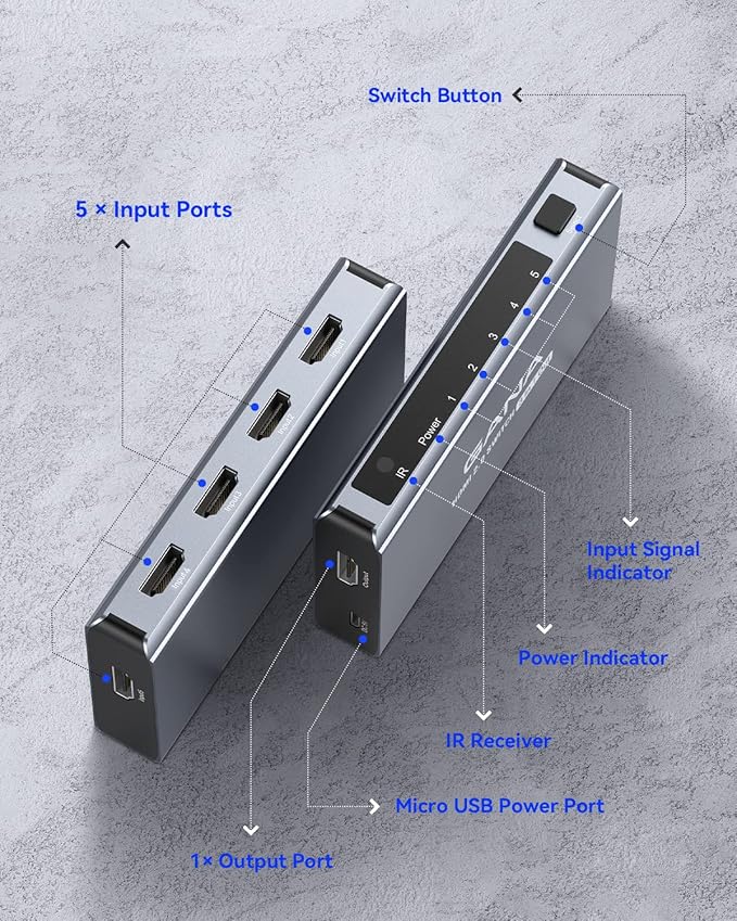 HDMI Switch 5 in 1 Out 4K@60Hz, GANA HDMI Splitter Switcher with Remote, Aluminum HDMI 2.0 Switch Box Hub for 3D, HDCP2.2, HDR, Compatible with Xbox, PS5/4/3,Fire Stick,Roku,Blu-Ray Player