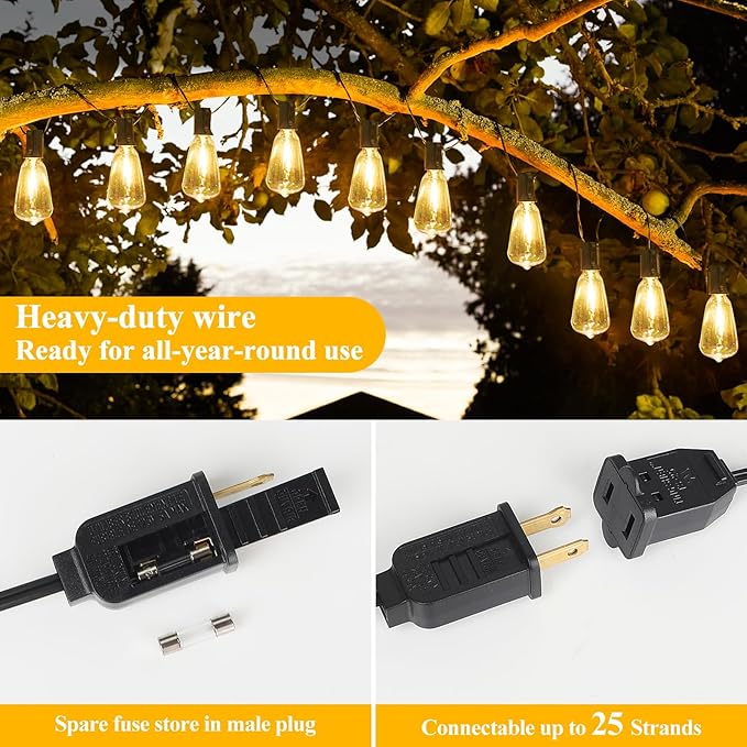 Brightever LED Outdoor String Lights 60FT with 32 Shatterproof ST38 Vintage Edison Bulbs, Outside Hanging Lights Waterproof for Patio, Porch, Deck, Garden, Backyard, Balcony, 2700K Dimmable