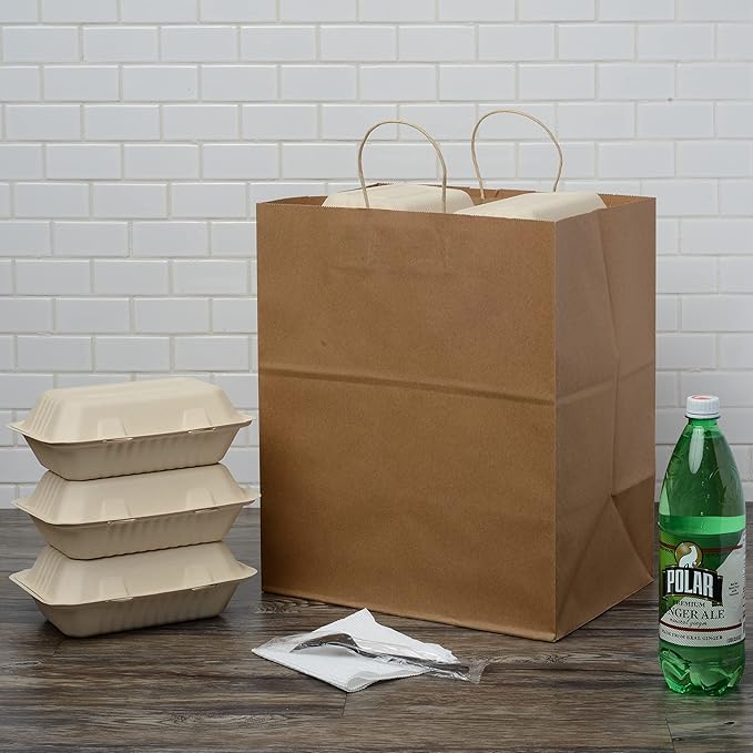 Prime Line Packaging Brown Paper Bags, Kraft Shopping Bags with Handles for Small Business, Restaurants, Takeout, Delivery, Bulk, 14x10x16.5, 50 Pack