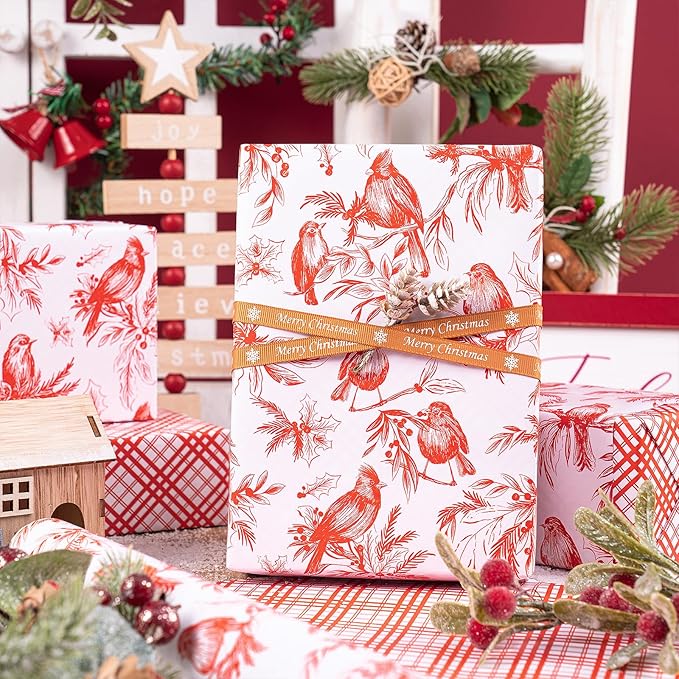 RUSPEPA 30" X 32.8' Reversible Christmas Wrapping Paper Roll, Jumbo Roll, Vintage Red Botanical Bird and Pinecone Design, Red White Plaid Gift Wrap for Girls, Family, Friends, Xmas Holiday Gifts