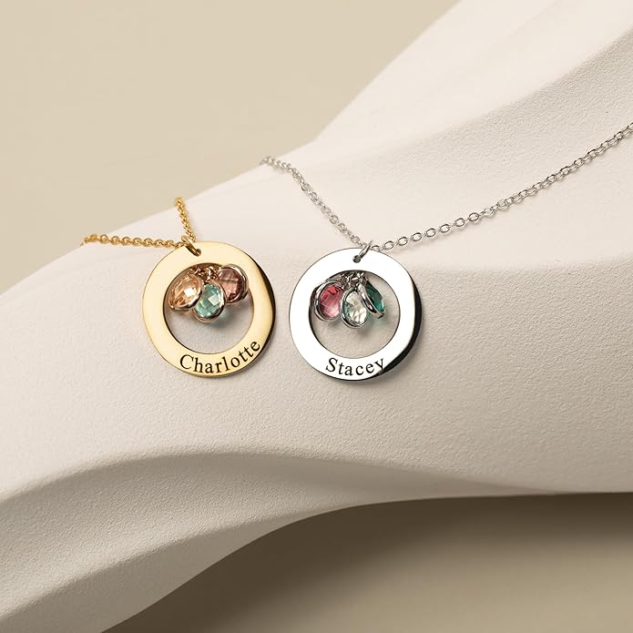 Birthstone Necklace for Mom Jewelry for Women Grandma Necklace Personalized Mothers Day gifs Necklace with 2 Children Kids Names -CIR-BSN