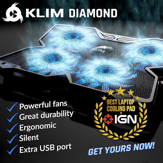 KLIM Wind Laptop Cooling Pad - More Than 500,000 Units Sold - New Version - Powerful Rapid Action Laptop Cooler - Laptop Stand with 4 Cooling Fans - 2 USB Ports - PC Mac PS5 PS4 Xbox One - Diamond
